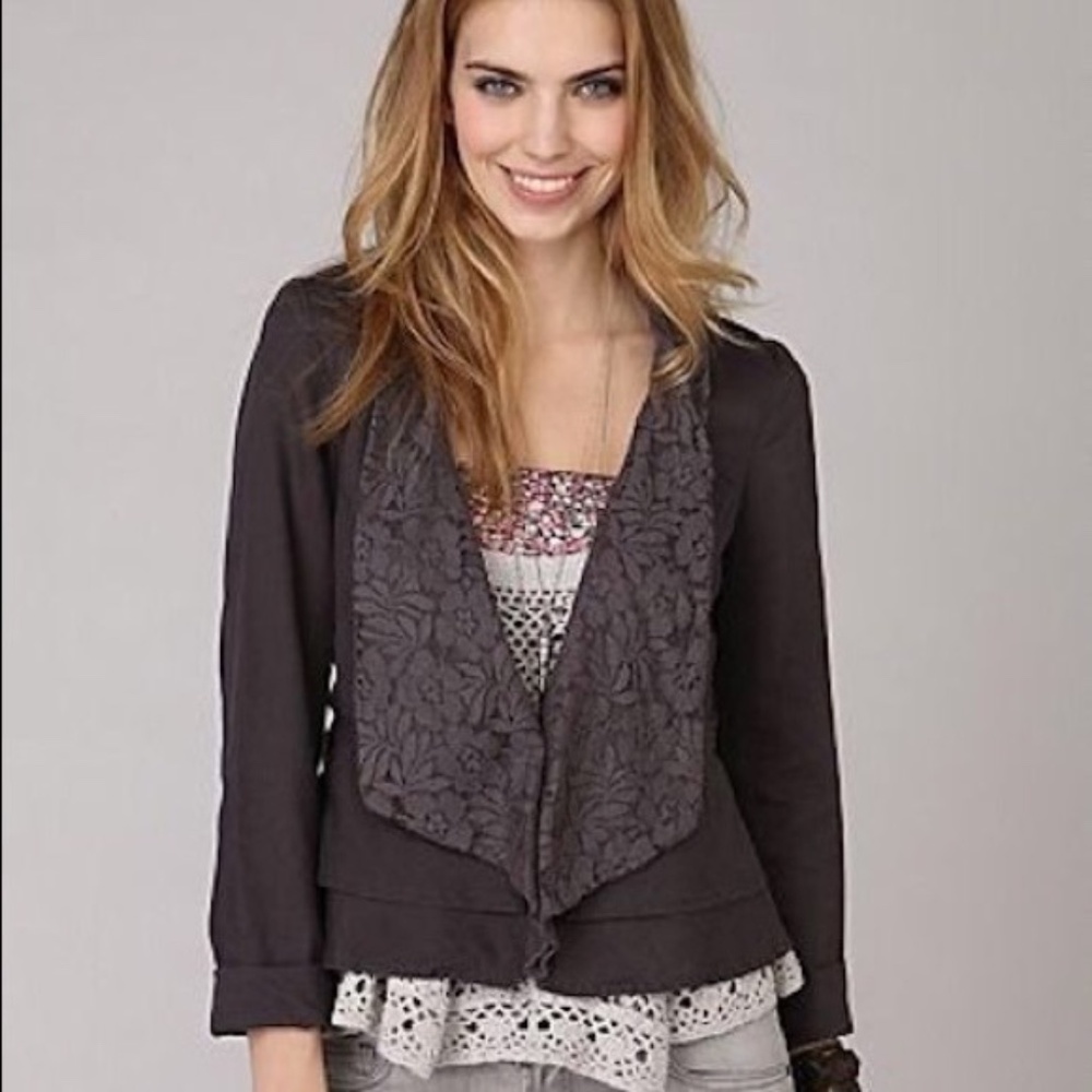 Free People Lace Lapel Linen Brown Blazer Size 8